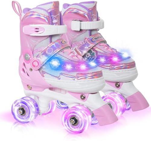 Nattork Girls Roller Skates for Kids, Light up Adjustable Rollerskates for Boys, Purple Pink Teal Skates for Toddler, Shine Fun Illuminating Roller Skates for Girls Beginners Size 1