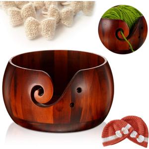 WILLBOND Wooden Yarn Bowl 6 x 3 Inches Crochet Bowl Accessories Holder with Holes for Mother Birthday Gift DIY Hand Made Knitting String Lovers Handmade Yarn Storage
