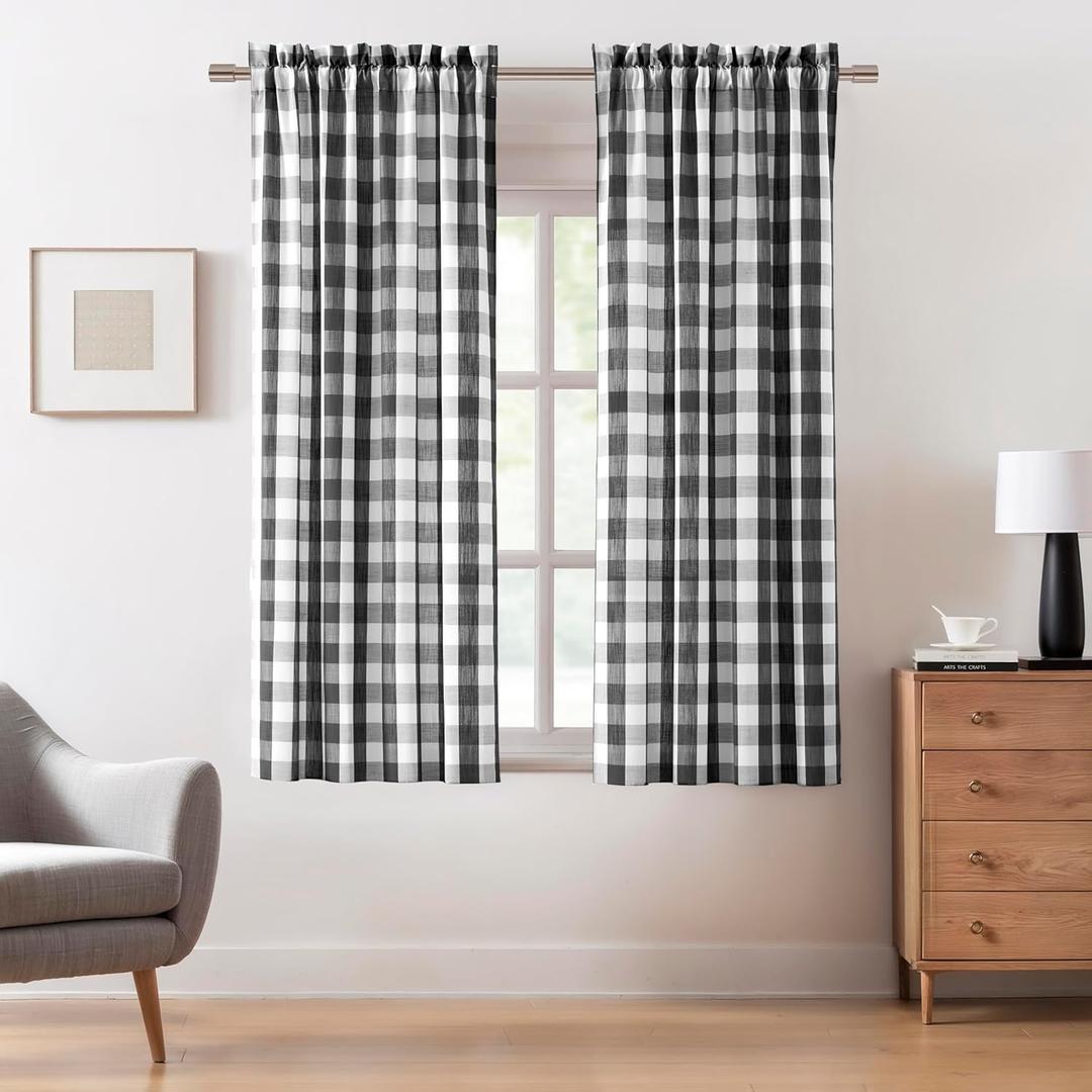 Black and White Buffalo Plaid Checkered Window Curtain Drape Panels 63 Inch Length,Semi Sheer Farmhouse Drapes,Rustic Rod Pocket Treatment for Bedroom Living Room(2 Panels,40"x63",Black)