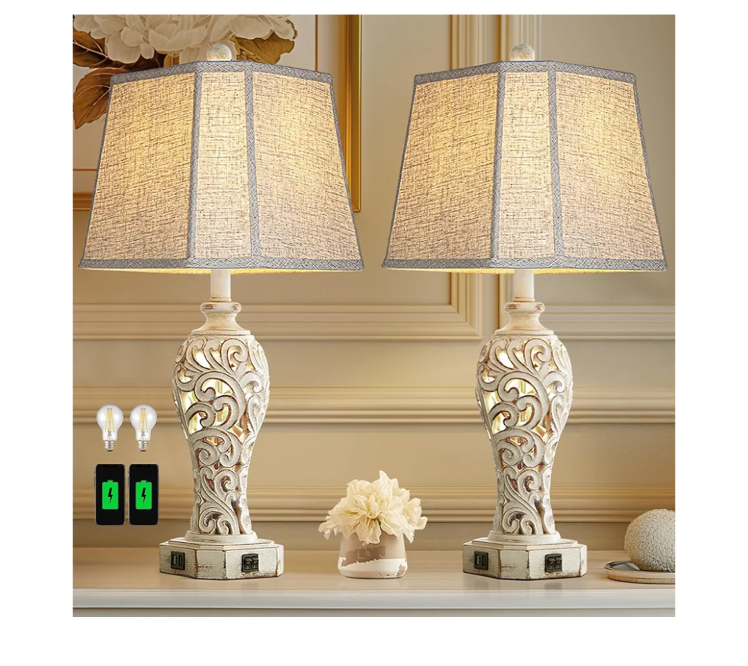 Set of 2 Rustic Table Lamps for Living Room Bedroom, Farmhouse Vintage Nightstand Lamp with 2 USB Ports, Hollow Out Resin Lamp for End Table with Nightlight, Bulbs Included (Wash White)