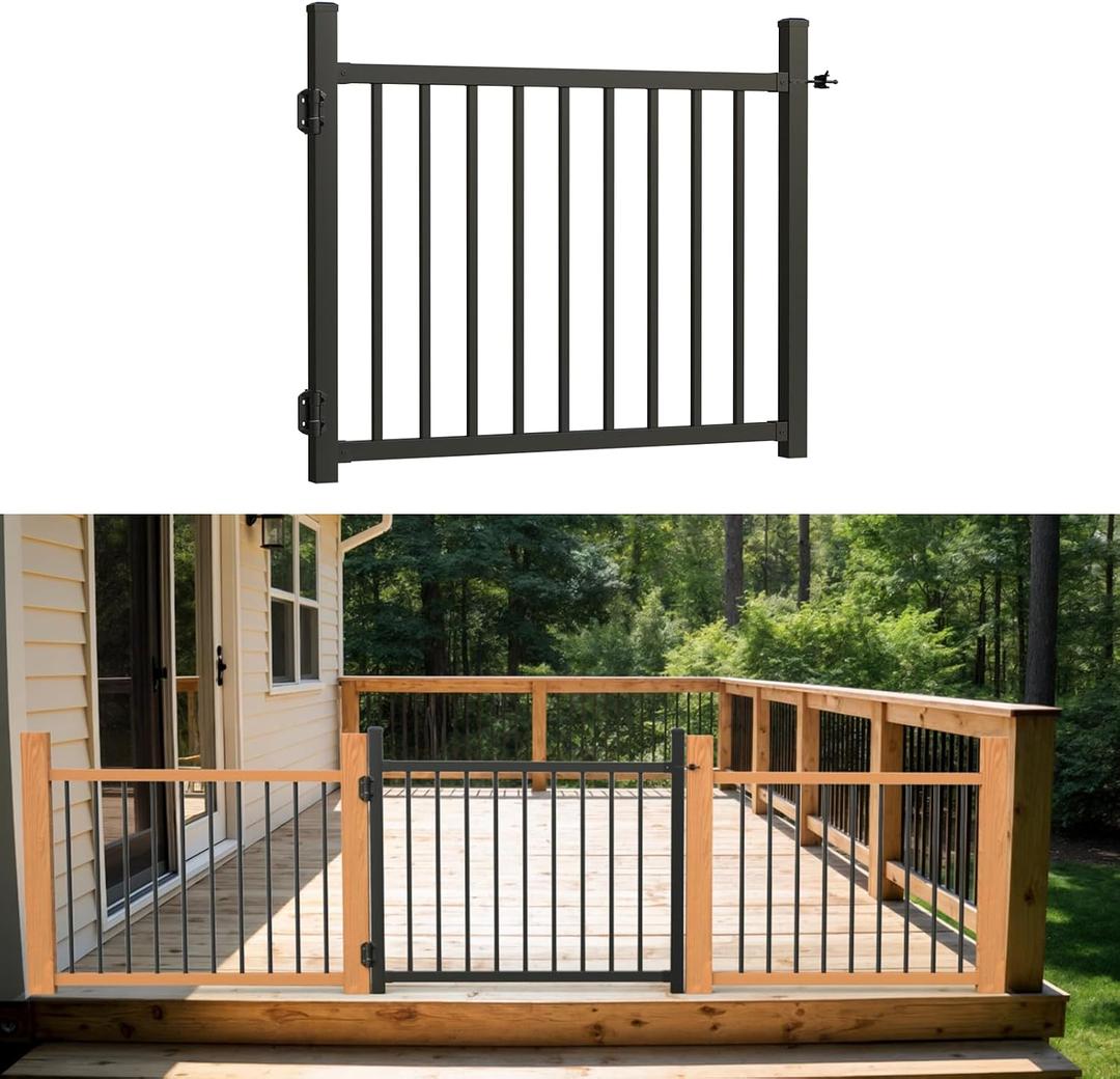 36"x45" Aluminum Gate with Self-Closing Hinges,Square Tube 3/4" pickets, Adjustable Width Black Powder Coated Deck gate Kits Incl. Hinges Latch for Deck Railing Patios Gardens Indoor Outdoor