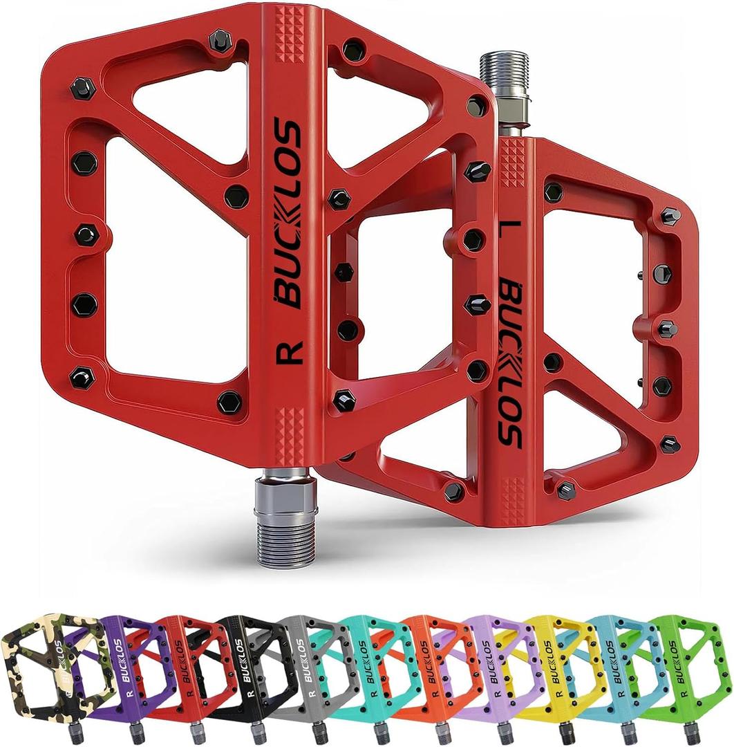 BUCKLOS Mountain Bike Pedals MTB Pedals Flat, Adult Bicycle Road Bike Large Platform Nylon Non-Slip Pedal for Gravel Bike/Hybrid Bike 9/16" (red)