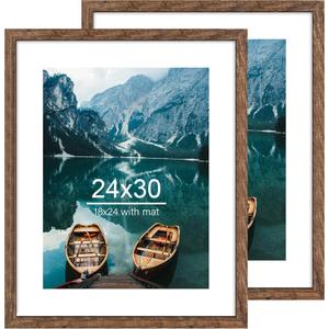 24x30 Frame Set of 2, Rustic Brown Wood Style - Display 18x24 Picture Frame with Mat or 24 x 30 Poster without Mat, Wall Mounting Horizontal and Vertical