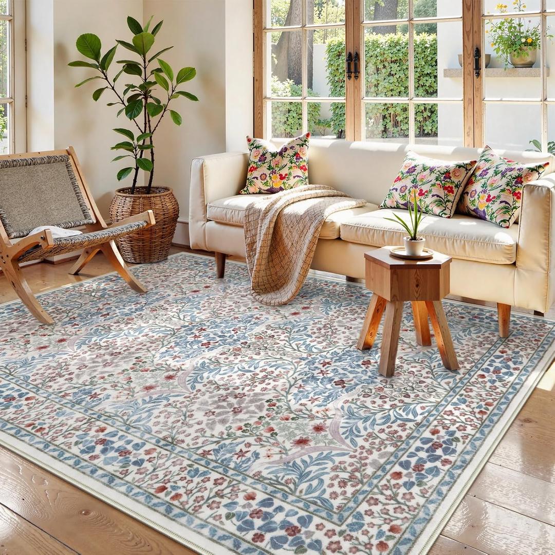 Lahome Floral Washable Area Rugs 5x7, Soft Beige Rugs for Living Room Bedroom, Boho Non Slip Low Pile Forest Design Large Throw Carpet for Farmhouse Dining Room Nursery Giverny, Beige/Blue