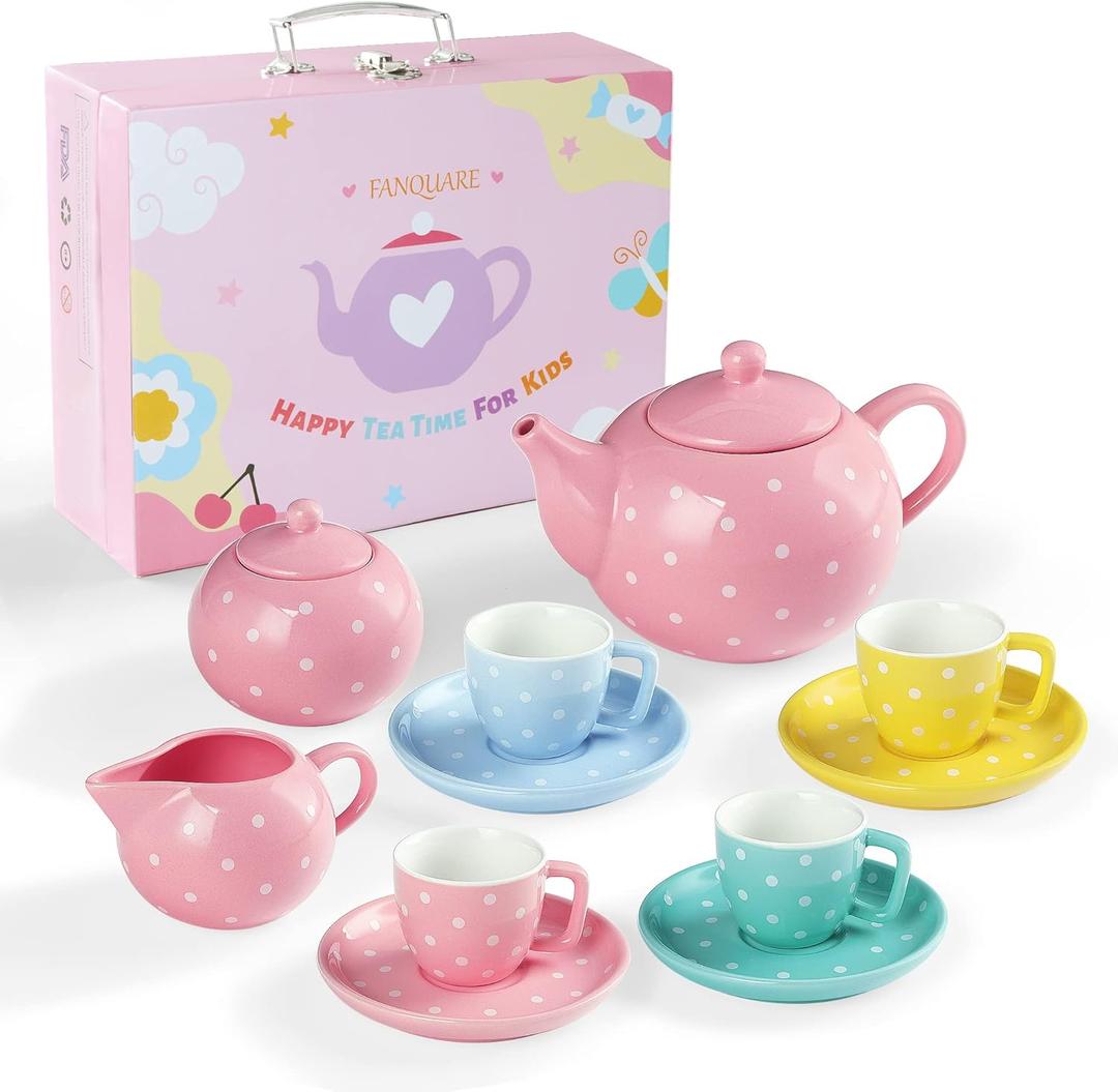 fanquare Porcelain Tea Set for Girls Adults,12 Pieces Coloful Tea Set with Gift Box for Home Tea Party Birthday (Multicolor)