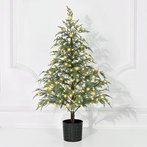 Waipfaru Small Christmas Tree with Lights, 3 FT Pre-Lit Mini Christmas Tree Potted, Artificial Real Touch Realistic Cedar Xmas Trees for Front Porch Outdoor Indoor Garden Farmhouse Home Decor