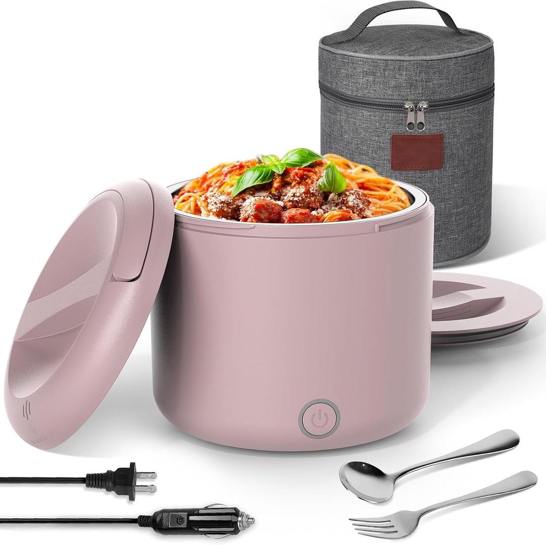 41oz Electric Lunch Box Food Heater 100W Heated Lunch Box for Adults 12V 24V 110V 220V Portable Food Warmer LunchBox Lonchera Elctrica Porttil for Car Truck Work Driver Christmas White Elephant Gift (Pink)
