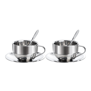Okllen 2 Pack Stainless Steel Coffee Cup Set, 6 Oz Coffee Mugs with Spoon and Saucer, Double Walled Espresso Cups Mugs for Coffee, Latte,Tea, Milk