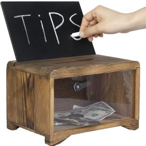 MyGift Solid Burnt Wood Suggestion Box with Lock, Interchangable Chalkboard and Acrylic Sign Holders, Comment Box Ballot Tip Collection School Fundrasing Dropbox