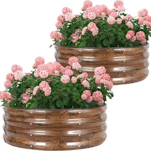 Galvanized Raised Garden Bed- 2Pcs Metal Planter Boxes Outdoor | 12" Tall 36" Round Steel Raised Bed Kit & Fire Pit Ring for Gardening with Protective Tape for Vegetables (Wood Grain) (3x3x1FT)