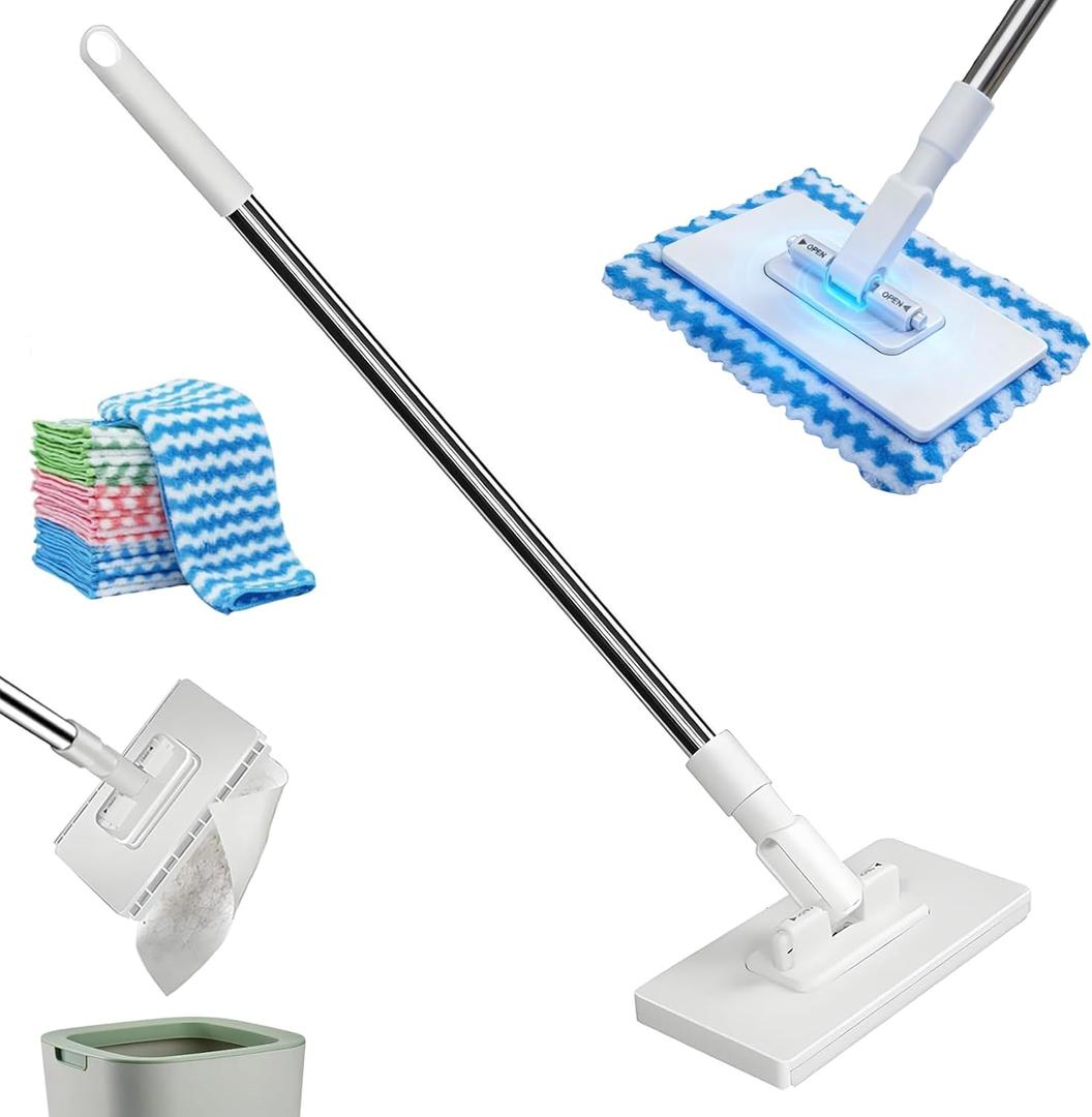 Snap Grip Mini Mop,Gap Cleaner with No-Touch Pad Change, Extendable Retractable Flat Mop for Under Couch/Bed, 360 Swivel Head Hard to Reach Corner Duster, Includes 5 Washable Microfiber Pads