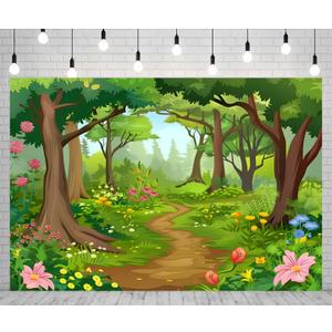 7X5 Fabric Cartoon Forest Backdrop Fairytale Green Forest Flowers Wonderland Photography Backdrop for Baby Shower Kids Birthday Party Decor Photo Studio Props