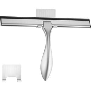 peafowl Shower Squeegee Stainless Steel Bath Squeegee for Shower Glass Doors Bathroom Windows Kitchen Mirror and Car Glass with Hooks Holder (10 inch, Brushed Silver)