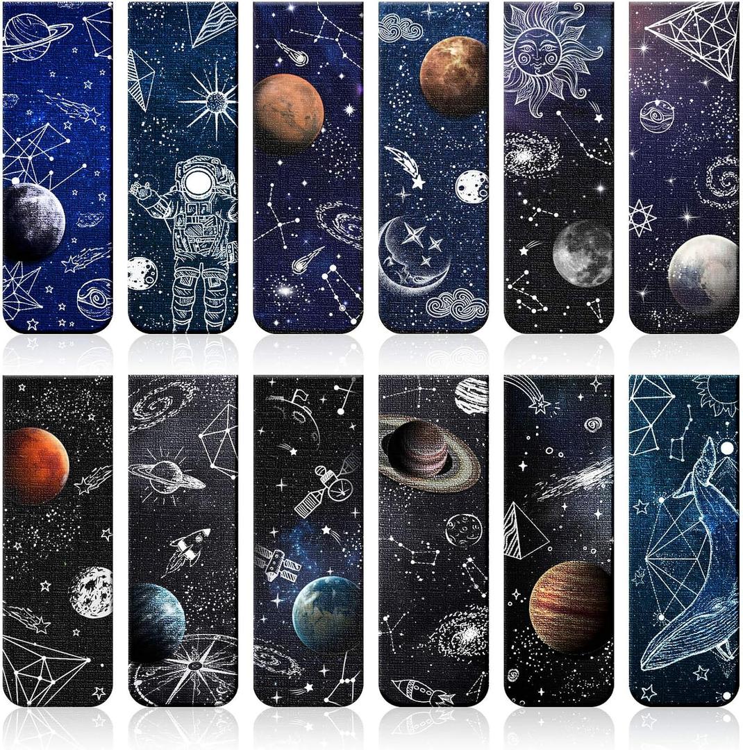 Zonon 12 Pieces Magnetic Bookmarks Space Moon Roaming Bookmarks Magnetic Page Clip Space Assorted Book Markers Set for Teachers Students Reading School Office Home Supplies, 12 Styles
