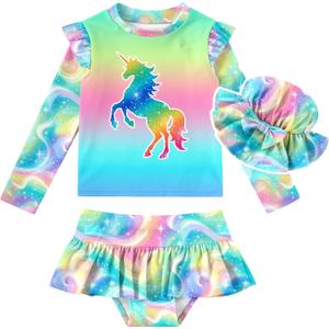 Cutemile Little Girls Rash Guard Set 3 Piece Swimsuit with Hat UPF 50+ Long Sleeve Swimwear 1-6 Years (Unicorn, 2-3T)