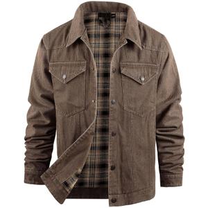 Flygo Mens Flannel Lined Denim Jacket Snap Cowboy Cut Western Classic Slim Fit Vintage Heavy Duty Jacket Trucker Coat (Medium, Brown)