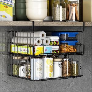 Storage 2Pack - 12.6in Metal Under Shelf Storage, Hanging Wire Basket Shelves, Undershelf Storage Basket for Kitchen Pantry Bookshelf (Black)
