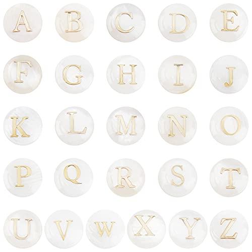 PH PandaHall 52pcs Alphabet A-Z Beads, Freshwater Shell Beads 8mm Summer Seashell Bead Flat Round with Letter Initial Bead Ocean Beach Spacers for Boho Necklace Bracelet Earring Jewelry Making
