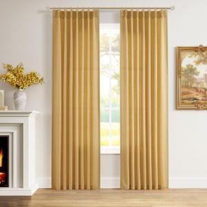 Gold Yellow Pinch Pleated Linen Curtains 84 Inch Length 2 Panels for Living Room Bedroom Semi Sheer Window Curtain Boho Neutral Back Tab Pinch Pleat Drape with Hooks 40x84