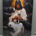 Framed Jesus Canvas Wall Art Jesus Holding Lamb Facing Black Wolf Wall Decor Picture Christian Poster Painting Decoration Unique Print Wall Decor Bedroom Church Decor 16x24 Inch