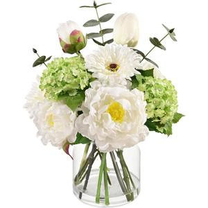 Livole Artificial Fake Flowers with Vase & Faux Water Real Touch White Faux Flowers Arrangements in Glass Vase Centerpiece Table Decorations for Dining Room Home Office Shelf Wedding Decor
