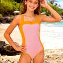 Kids4ever Girls One Piece Swimsuits Color Block Bathing Suit Kids Swimwear for Teens Beach 9-16Y (Pink)
