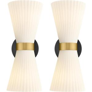 Wall Sconces Set of Two, HWH 14.3 Inch Black and Gold Bathroom Sconces with Frosted Milk White Striped Glass, Up Down Modern Wall Light fixtures for Living Room Bedroom, 5HZG97B-2W-2PK BK+BG