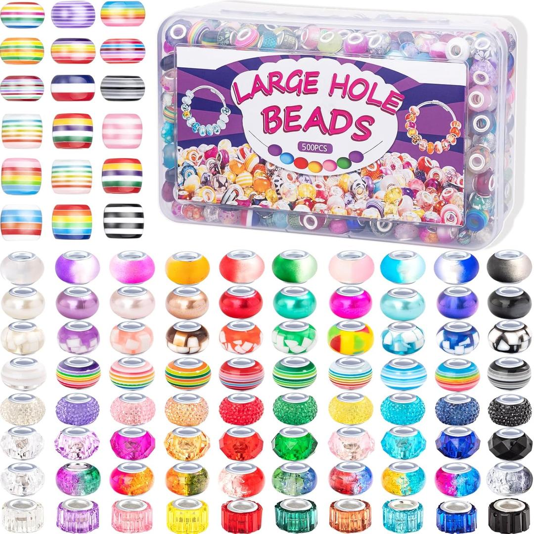 500 Pcs European Large Hole Beads, Assorted European Craft Beads Mixed Color Lampwork Spacer Beads Large Hole Fairy Garden Bead for DIY Charms Bracelet Necklace Earring Jewelry Making Supplies (Rainbow)