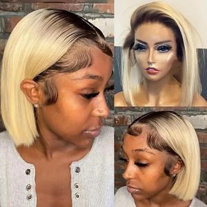 Smavida Glueless Lace Front Wigs Bob Human Hair Wigs Colored Ombre Blonde 13x4 HD Transparent Brazilian Virgin Human Hair 150 Density Pre Plucked with Bleached Knots Lace Frotal Bob Wig for Women (10 Inch)