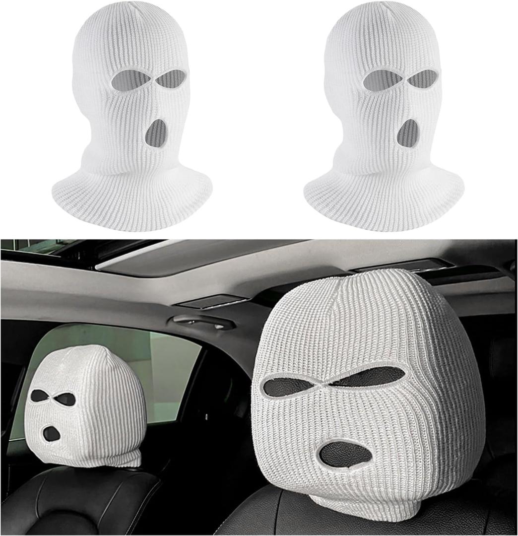 2PCS Car Headrest Cover, Personalized Funny Auto Seat Headrest Full Face Mask, Ski Mask Front Headrest Protector Decoration for Most Vehicles, Universal Car Accessories (White)