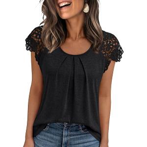 AUTOMET Womens T Shirts Lace Tops Fashion Short Sleeve Trendy Business Casual Dressy Knitted Summer Clothes 2025 Black L