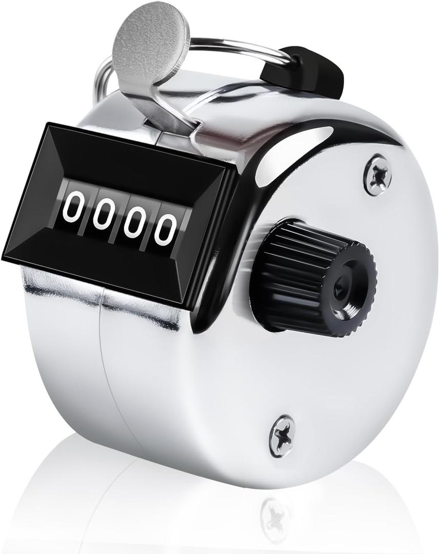 Clicker Counter, Metal Hand Tally Counter Clicker with 4 Digit Display, Pitch Counter for Golf Stroke, Baseball, Coaching, Knitting, Lap, Row Sport, Silver