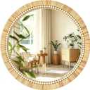 OYPEIP 24 Inch Round Natural Rattan Wall Mirror, Boho Decorative Mirror with White Beads, Rustic Farmhouse Circle Mirror for Living Room, Entryway, Bathroom, Bedroom