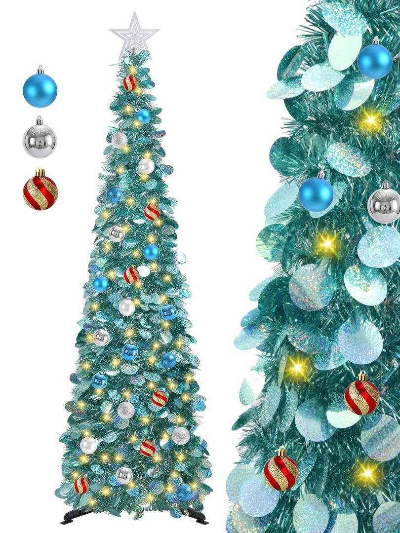 SINTENILL 5 FT Pop Up Christmas Tree with Timer Lights and Decorations, Ice Blue Artificial Tinsel Christmas Tree with 24 Ball Ornaments, Collapsible Pencil Tree for Home, Office, Holiday Party