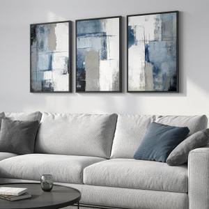 Framed Blue and Grey Abstract Wall Art, 3 Piece Modern Canvas Prints Paintings Artwork for Walls, Minimalist Abstract Block Pictures for Living Room Dining Room Lounge Bedroom Wall Decor 16x24 In