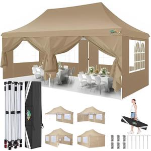COBIZI 10x20 Pop Up Canopy with 6 Sidewalls, Conical Party Tent 10x20 with 3 Adjustable Height Waterproof, UV-Resistant with Carry Bag, Sandbag, Stake, Ropes for Parties, Commercial (Frame Upgraded) (Khaki)