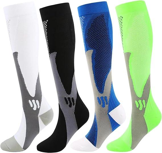 Kickticks 4 Pairs Compression Socks for Woman & Man Unisex 20-30mmHg Knee high Plus Size Wide Calves for Flying Running, No Size