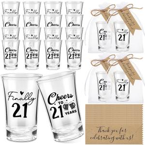 24 Sets 21st Birthday Party Favor Finally 21 Shot Glasses Thank You Tag Organza Bag Twine for Guests(Black, Acrylic)