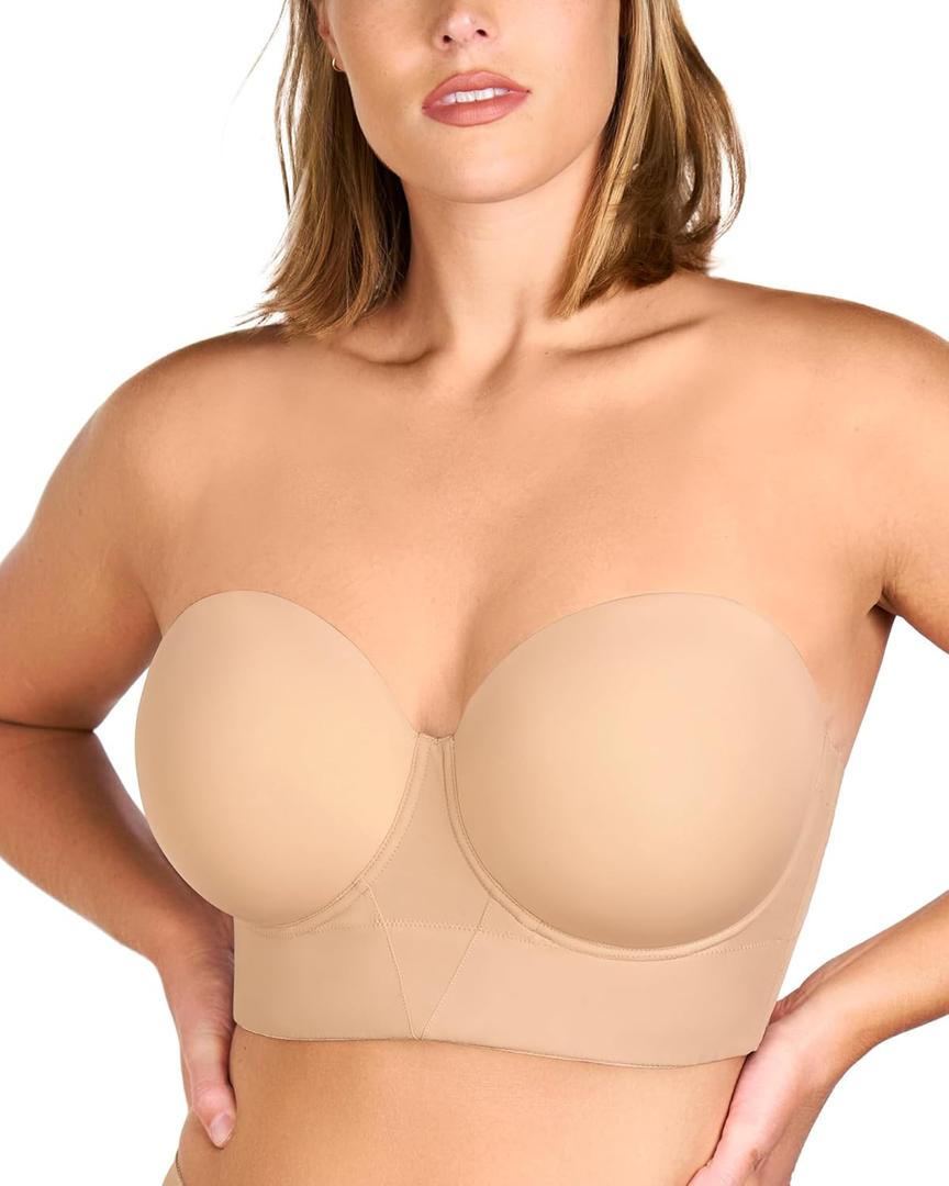 HSIA Strapless Bras for Women, Longline Corset for Large Bust Plus Size Supportive Bustier Minimizer Convertible Bandeau 42D  Natural Nude