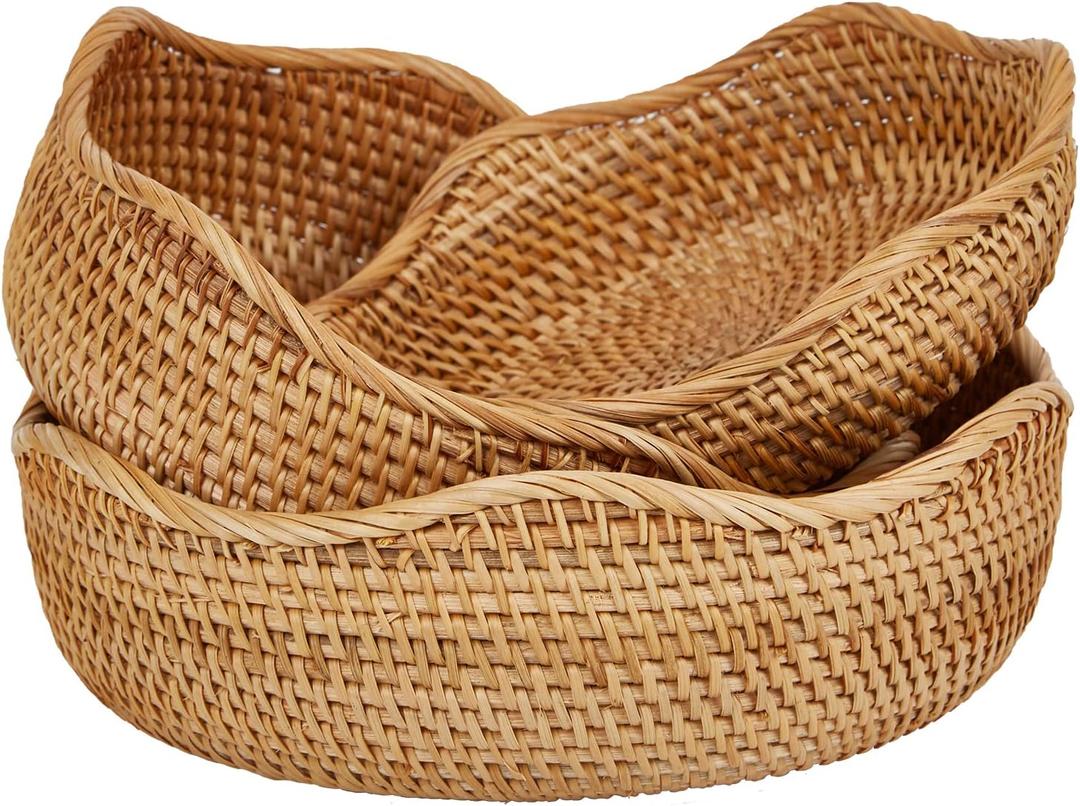 Natural Rattan Round Fruit Basket Bowls, Hand Woven Decor Serving Baskets, Wicker Storage for Dinning Room (Wave-Combo)