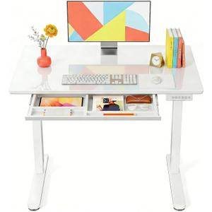 Marsail Glass Electric Standing Desk with Drawer, 40 x 24 Inches Height-Adjustable Desk, One-Piece Tempered Glass Top, Ergonomic Home Office Sit Stand Desk with 4 Preset Heights, White