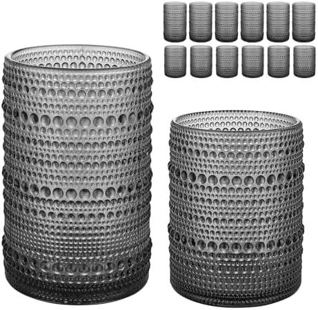 HomeVogue Hobnail Drinking Glasses Set of 12, 12oz & 15oz Vintage Glassware Set Cocktail Glass Set, Embossed Gray Water Tumbler,for Beer, Whiskey,Juice and Various Mixed Drinks