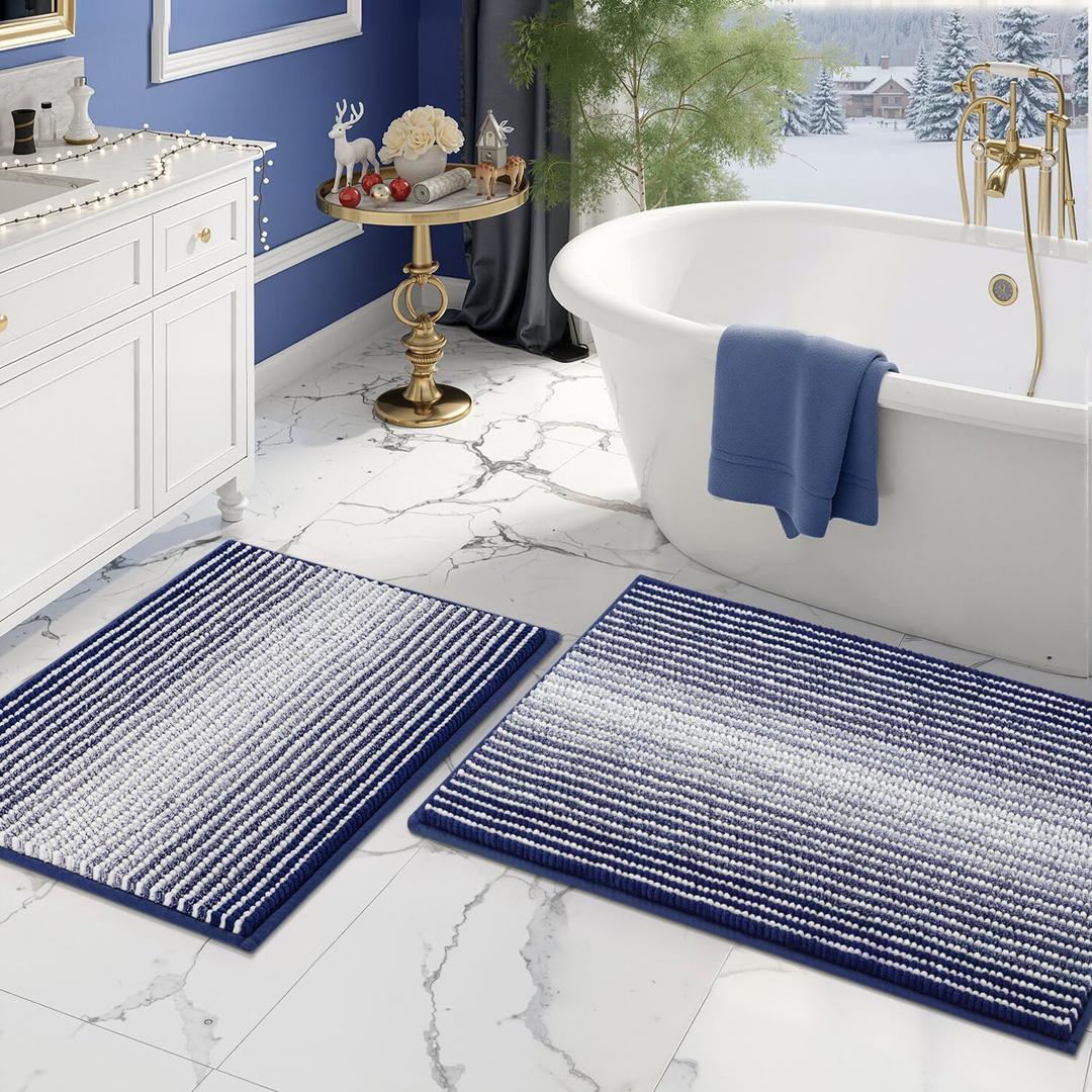 BSICPRO Bathroom Rugs and Mats Sets, 2 Piece Thick Absorbent Chenille Bath Mat Rug Set Non Slip, Soft Shaggy Bath Room Floor Mats for Bathroom, Machine Washable (20" x 32" Plus 16" x 24", Navy)