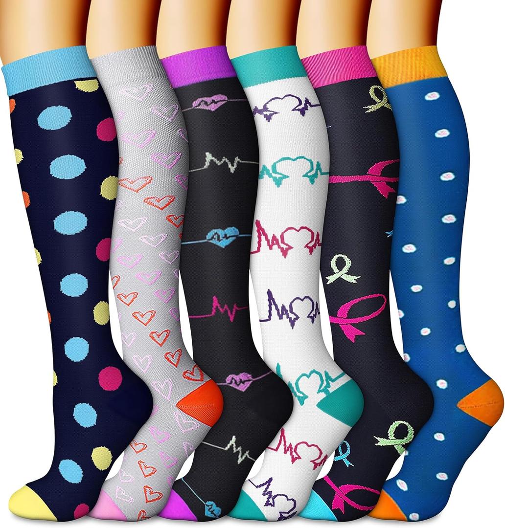 CHARMKING 6 Pairs-Compression Socks for Women & Men Circulation Best Support for Nurses, Running, Athletic,Flight Travel (Large-X-Large, 02 Black/White/Black/Blue/White/Blue)