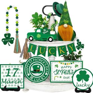 St. Patrick's Day Tiered Tray Decorations Set, Farmhouse Wooden Tiered Tray Decor for Holiday Rustic Home Kitchen Tier Tray Decor Set