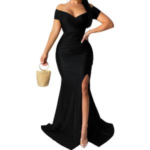Womens Off Shoulder Sexy V-Neck High Split Long Maxi Dress, Formal Cocktail Party Evening Gown (L)