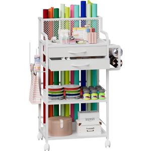 Rolling Wrapping Paper Storage Cart with 2 Drawers & Lockable Wheels, 3-Tier DIY Craft Gift Wrap Organizer with Ribbon and Cart Tape Holder for Crafts and DIY Supplies (White)