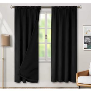 BGment Thermal Insulated 100% Blackout Curtains for Bedroom with Black Liner, Double Layer Full Room Darkening Noise Reducing Rod Pocket Curtain (52 x 72 Inch, Black, 2 Panels)