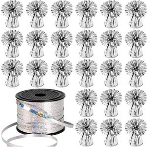 24 PCS Balloon Weights Metallic Anchor, Balloon Holder Heavy Weights with and 1 Roll Iridescent Crimped Ribbon for Balloons Table Party Favor Birthday Decor(Silver)