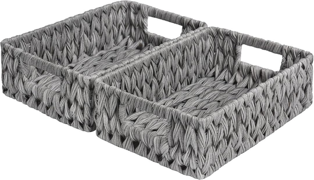 GRANNY SAYS Wicker Baskets for Storage, Waterproof Rattan Storage Baskets, Odorless Wicker Basket with Handles, Decorative Storage Containers, Gray Basket for Pantry Storage, 2-Pack (11 "L x 7 "W x 3 "H)